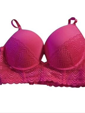 Kiss & Tell Intimates Hot Pink Padded Push-up Lace Bralette Bra Size 36D NWOT